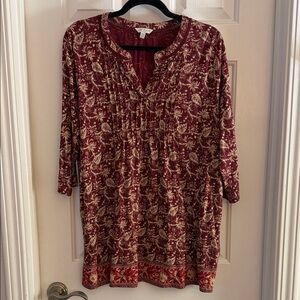Lucky brand Maroon Floral Tunic Top boho peasant XL cotton